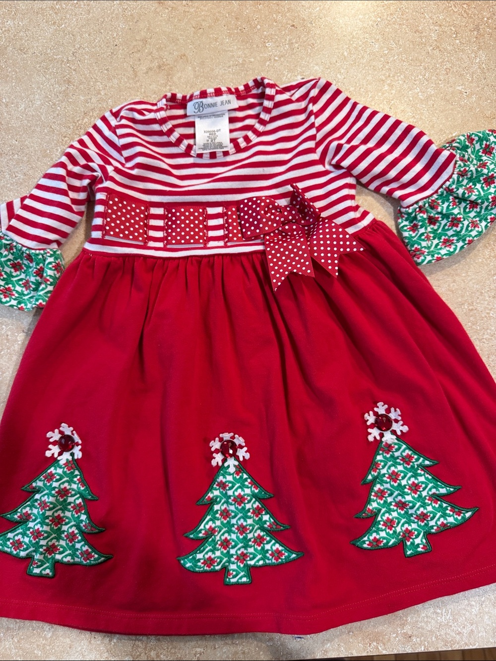Bonnie Jean Red and Green Holiday Tree Appliqué Dress